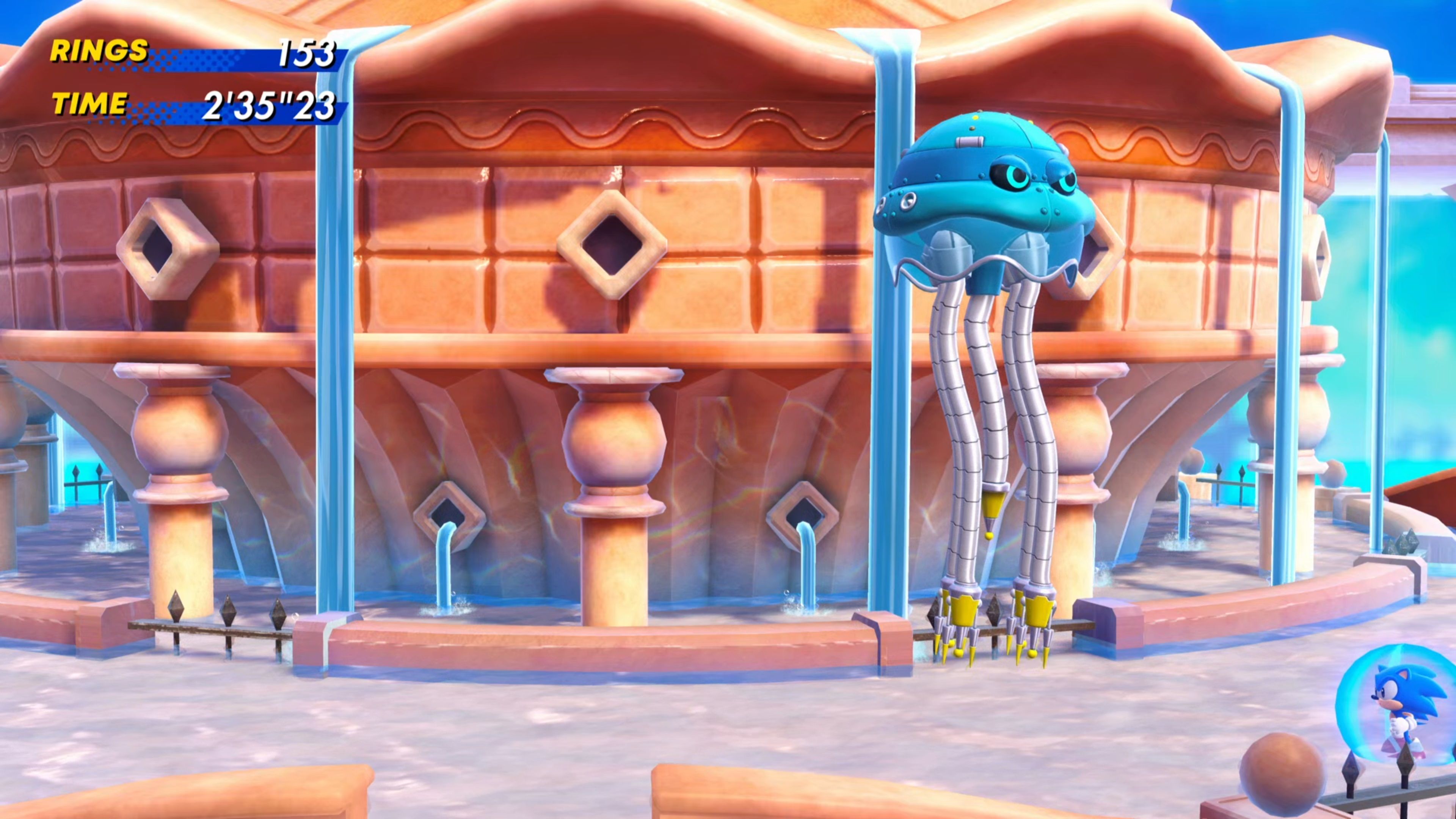 Sonic approaching the Jellyfish boss in Lagoon City in Sonic Superstars