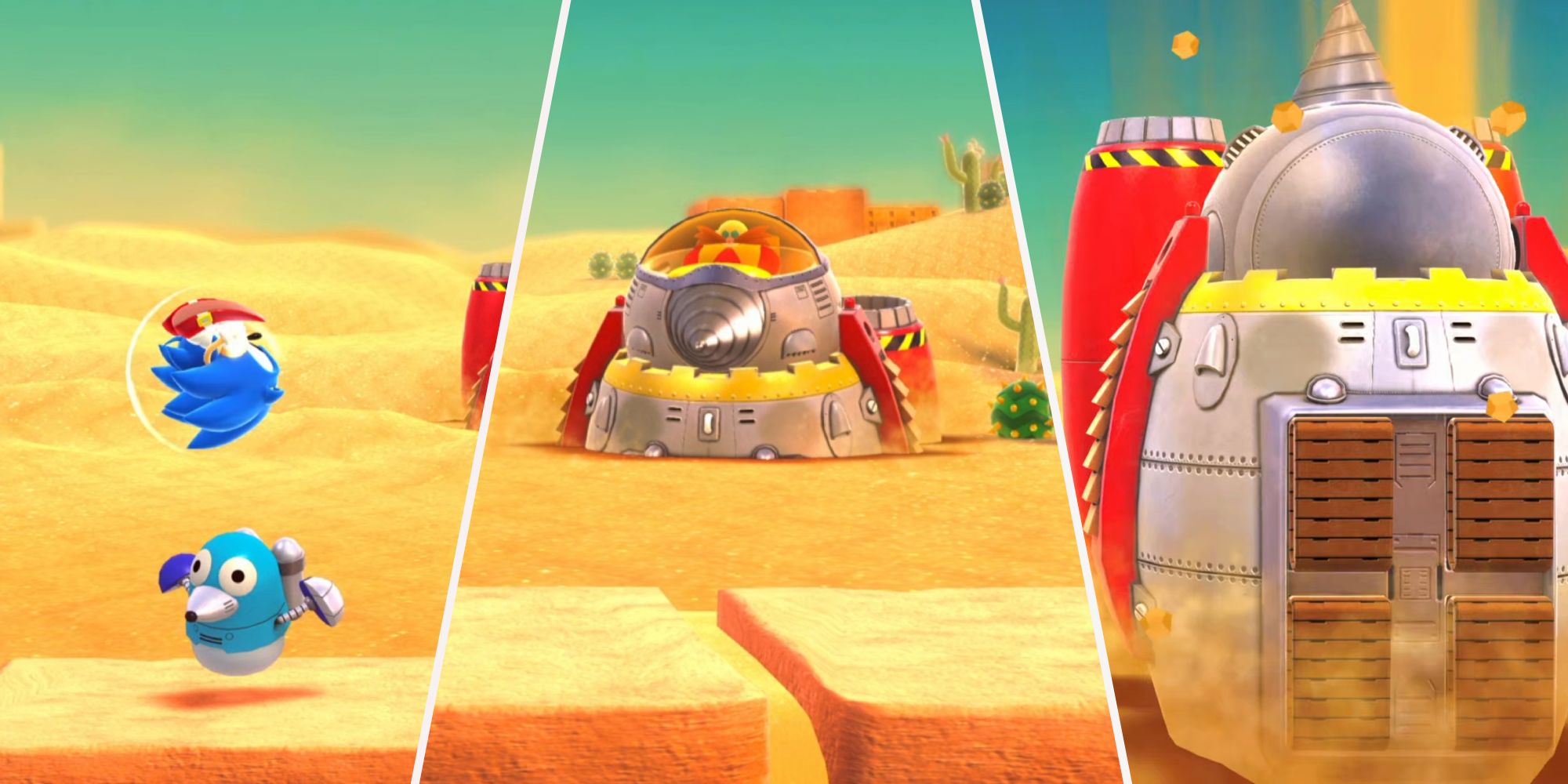 Sonic battling Doctor Robotnik in the Sand Sanctuary Stage of Sonic Superstars