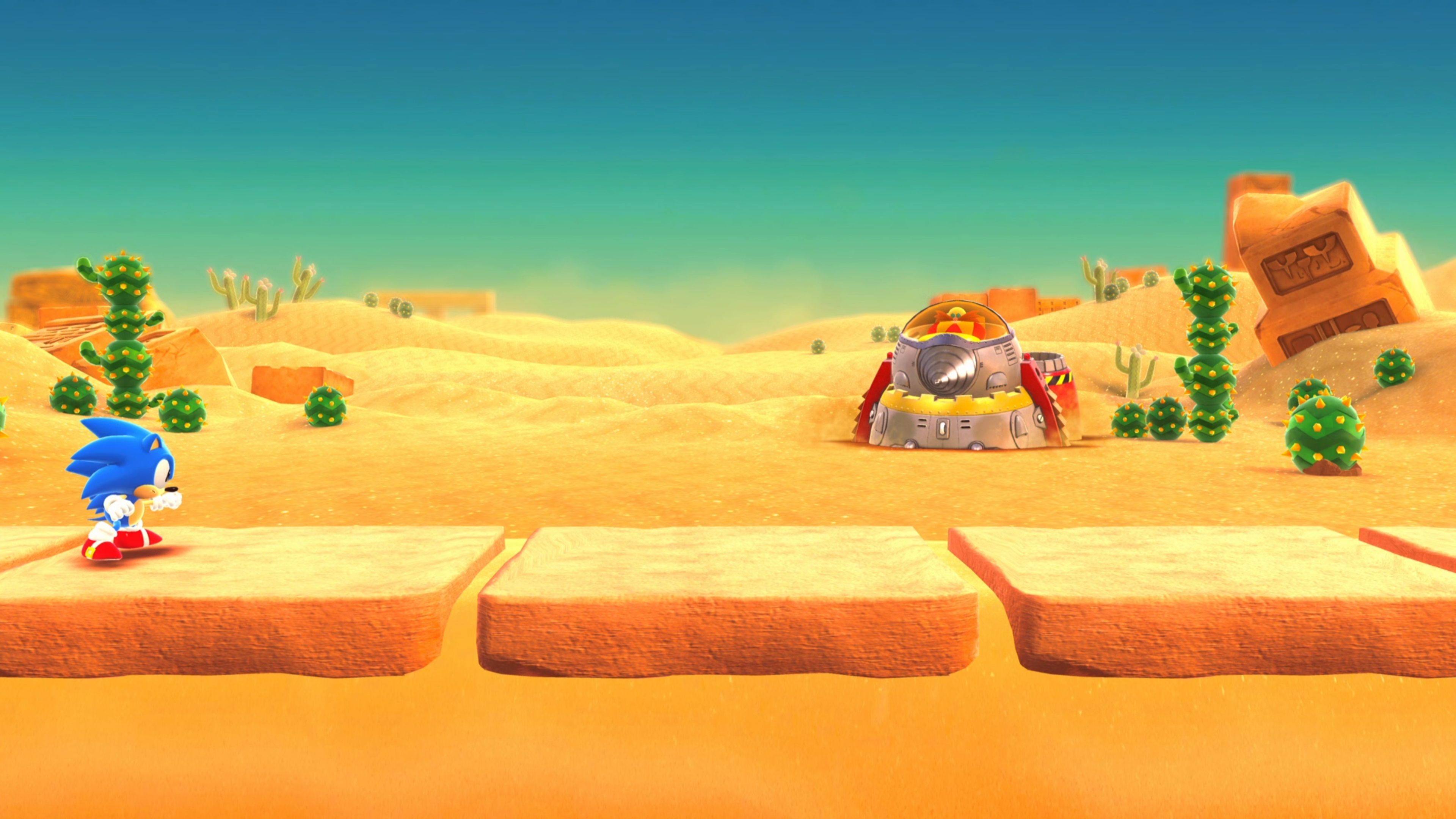 Sonic approaching Doctor Robotnik in the Sand Sanctuary Stage in Sonic Superstars