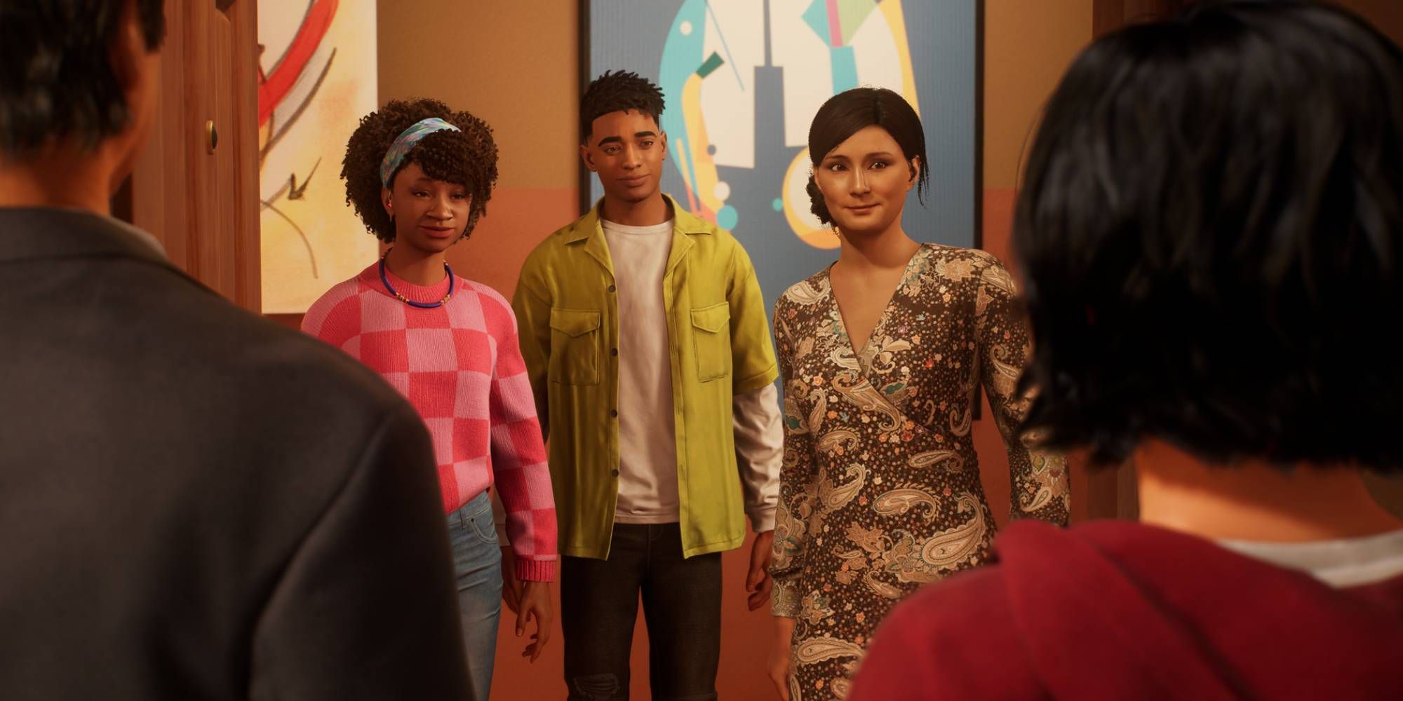Miles, Hailie and Rio standing in front of Albert and Cindy Moon in Spider Man 2