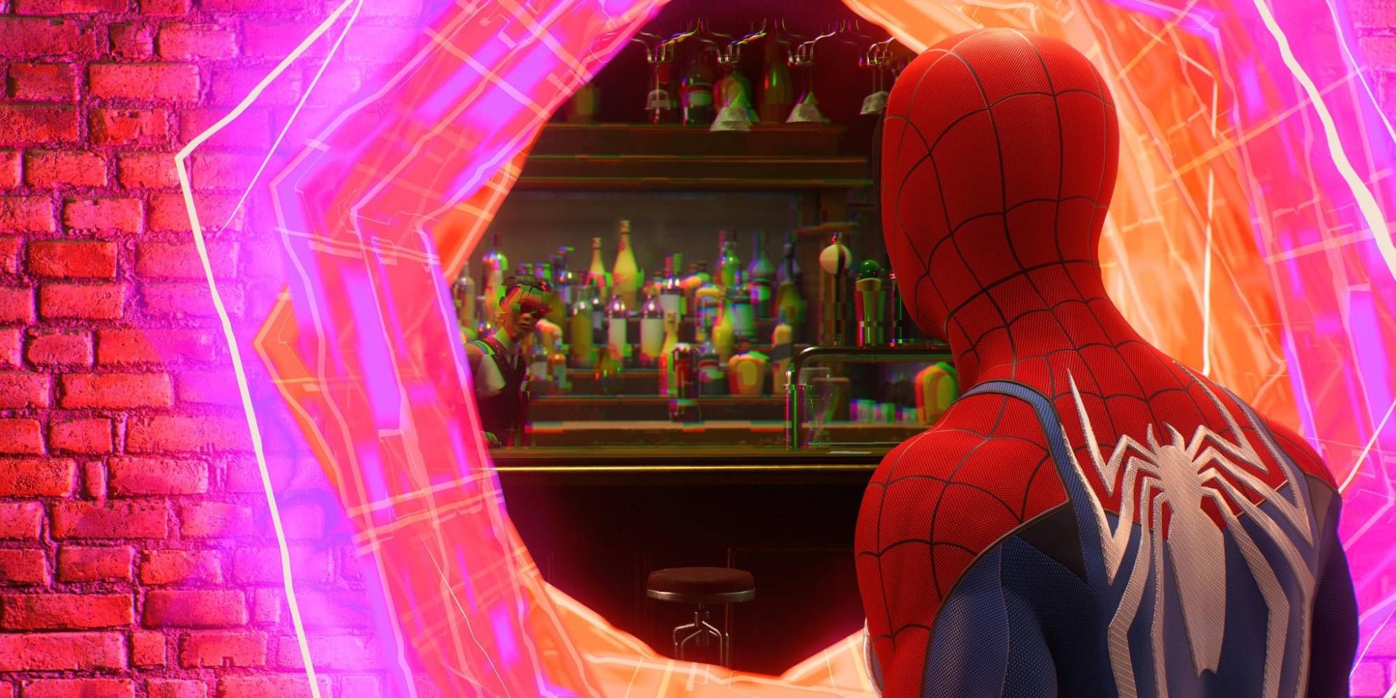 Spider Man looking at a portal from Across The Spider-Verse