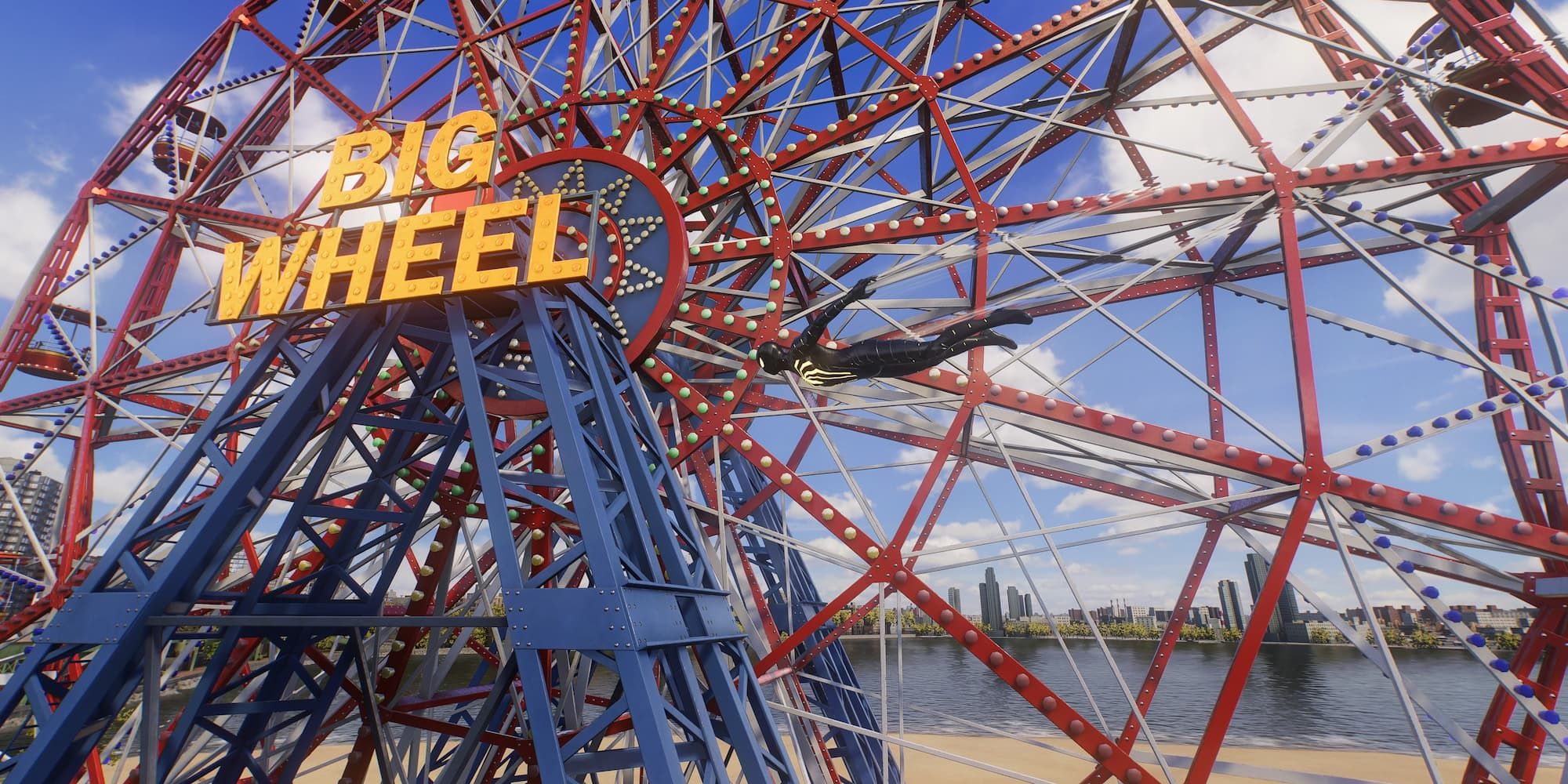 Spider-Man dives in front of the Ferris wh wheel at Coney Island in Spider-Man 2.