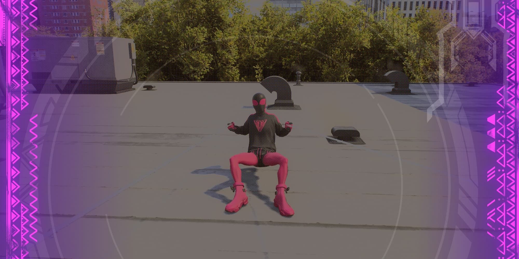 Spider-Man prepares to slingshot with webs, with a filter over the image via Photo Mode in Spider-Man 2.