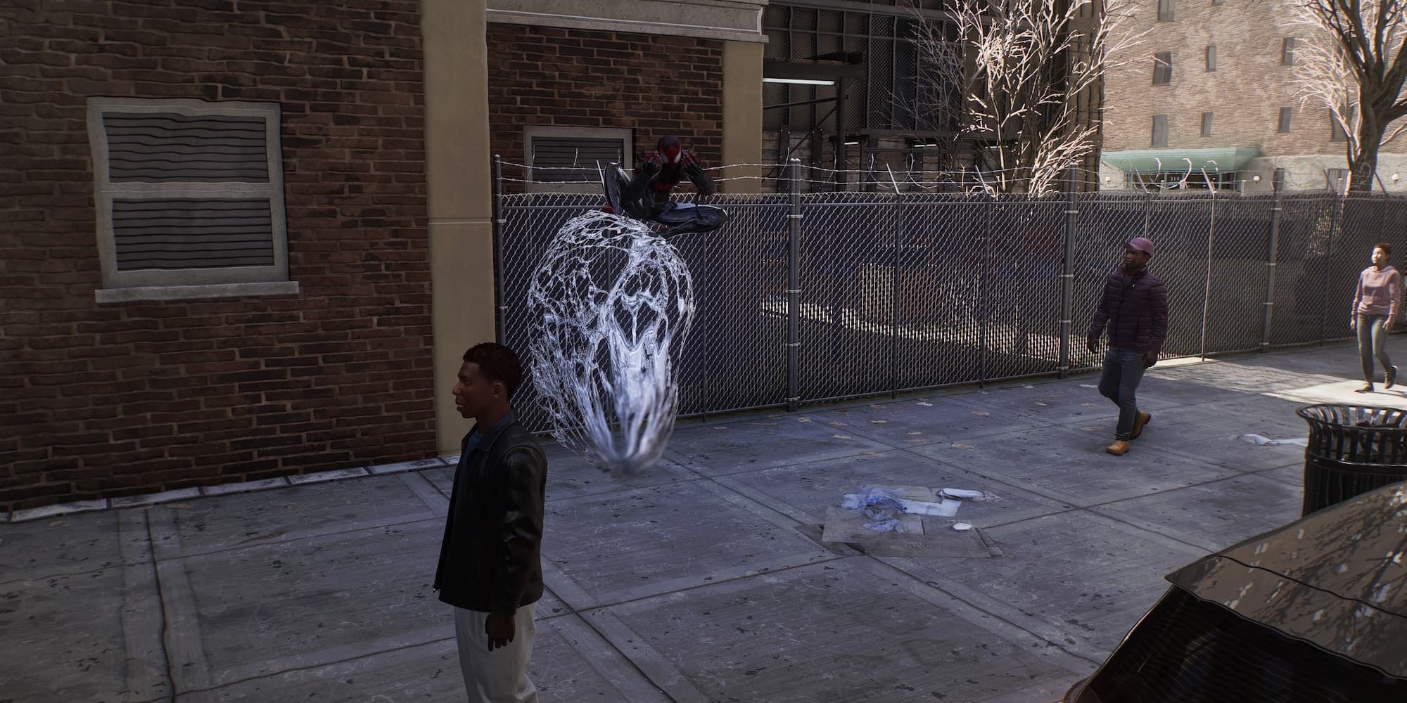 Spider-Man shoots his web from in the air in Spider-Man 2.