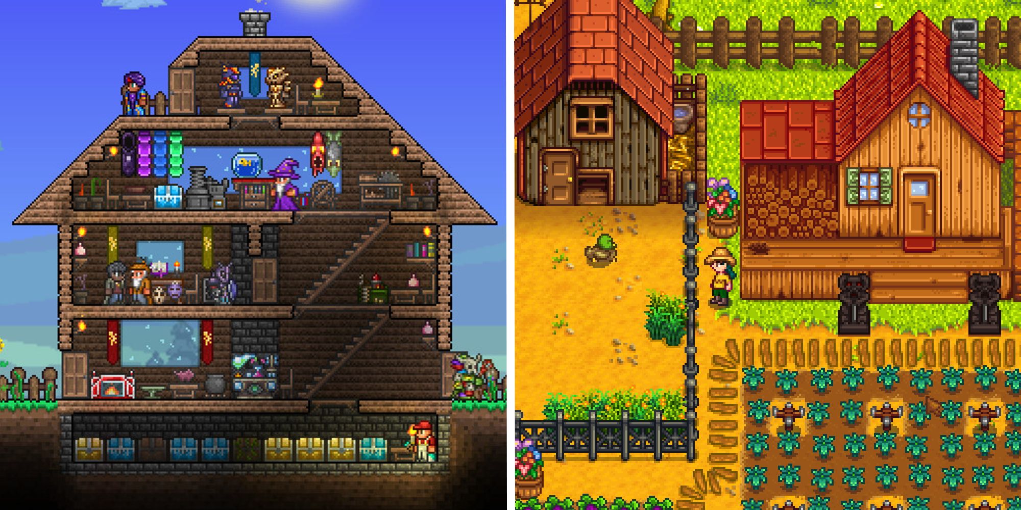 split image showing terraria house next to stardew valley farmhouse exterior