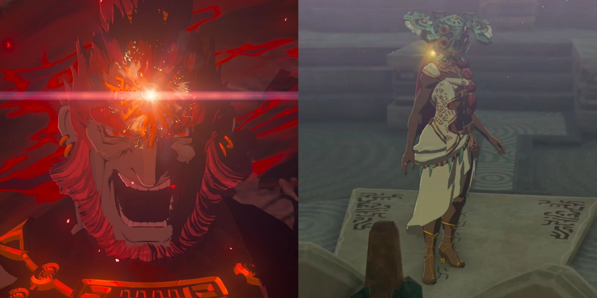 Split images of Ganondorf and the ancient Gerudo Sage in Tears of the Kingdom