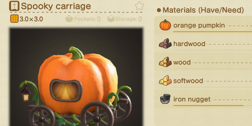 Screenshot from Animal Crossing: New Horizons, showing the crafting recipe for the Spooky Carriage