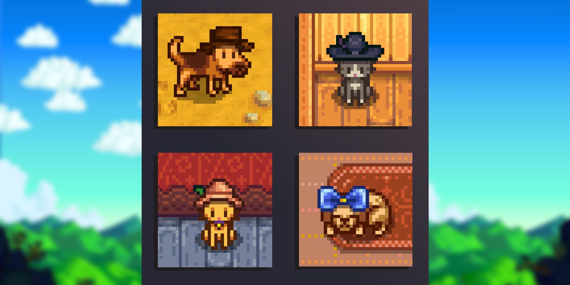 stardew valley cats and dogs wearing hats