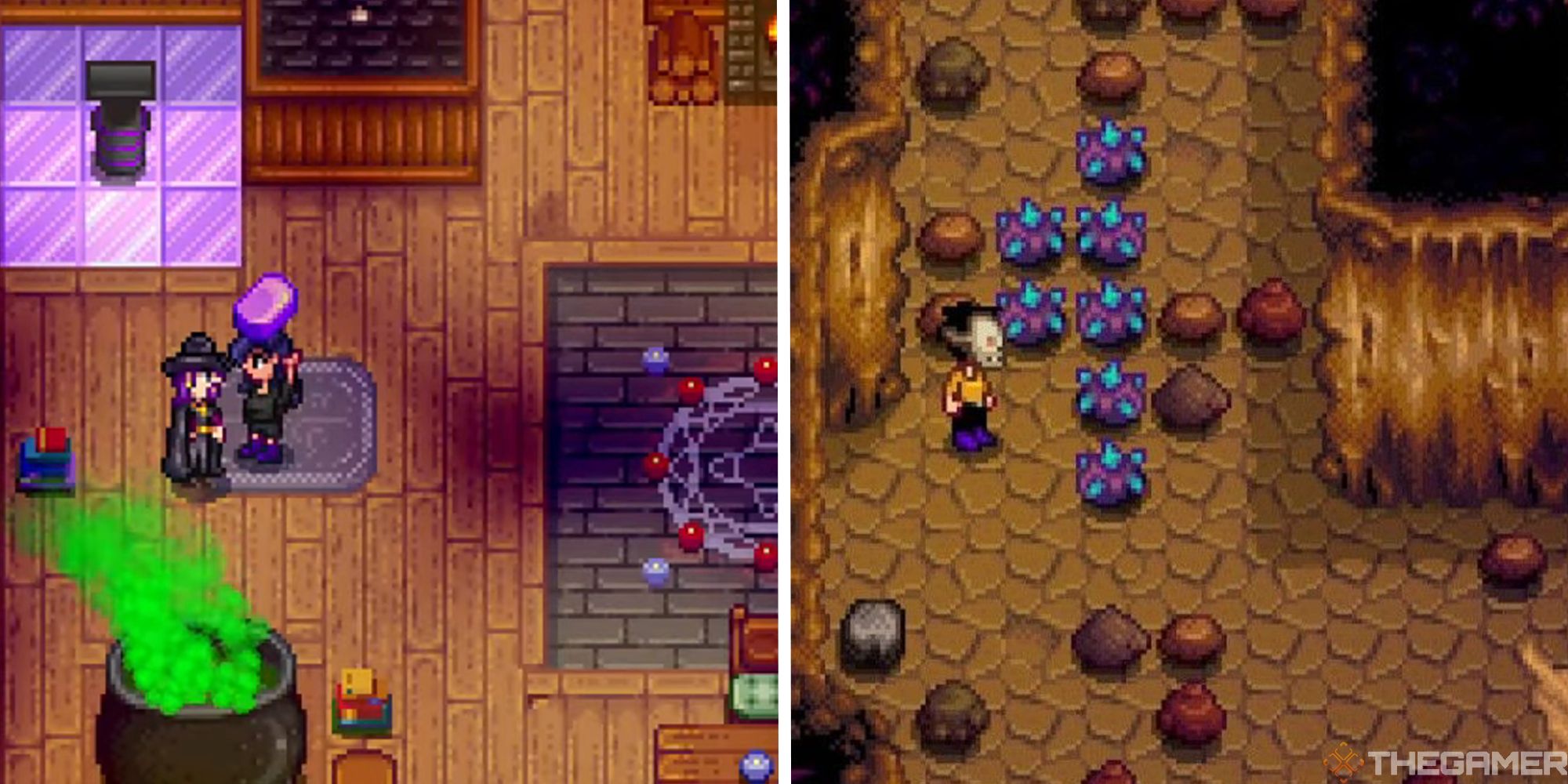 stardew valley player giving the wizard an iridium bar next to image of player standing next to several iridium nodes in skull cavern