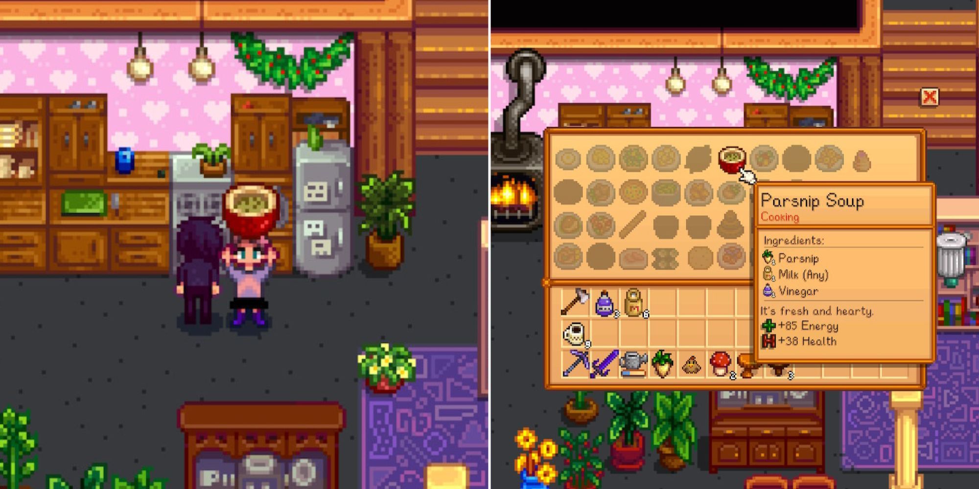 Split image of Stardew Valley player holding Parnsip Soup and the stove showing the Parsnip Soup recipe
