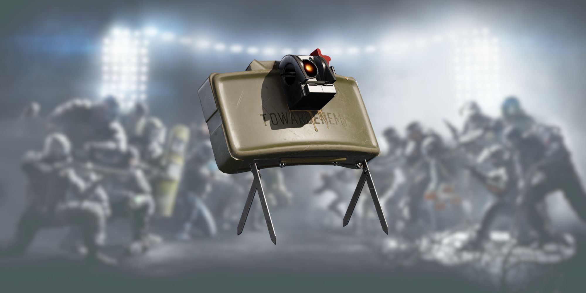 Claymore from Rainbow Six Siege in front of blurred characters battling