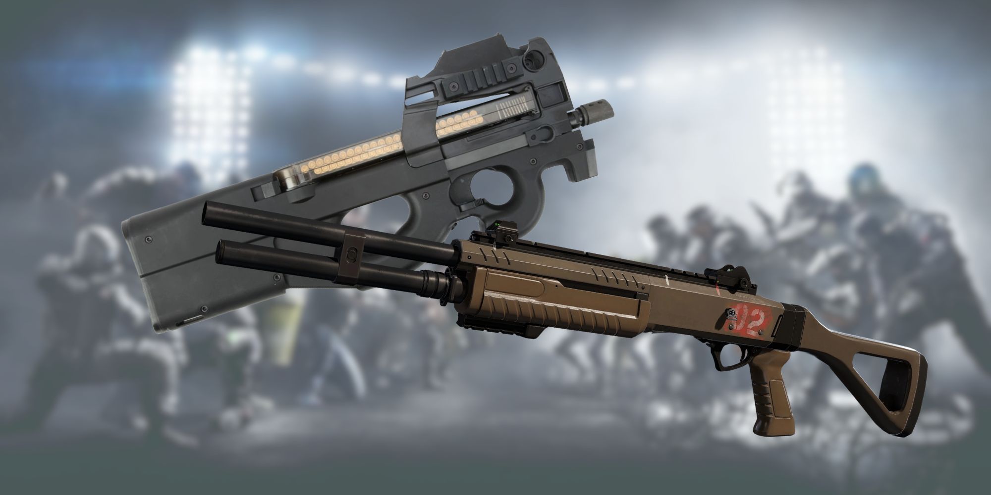 ITA12L gun and a P90 gun from Rainbow Six Siege in front of blurred characters