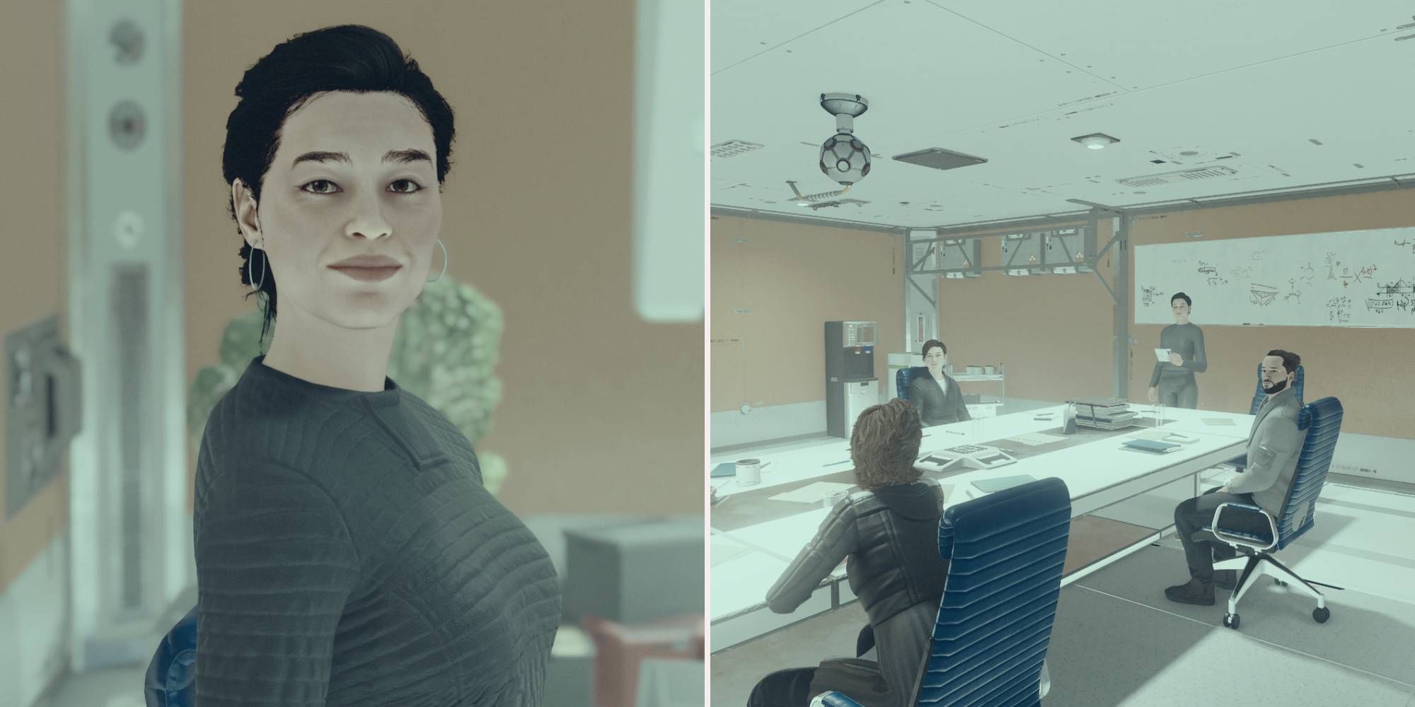 Left, Jules Degante looks at you. Right, a team of engineers sit around a table.