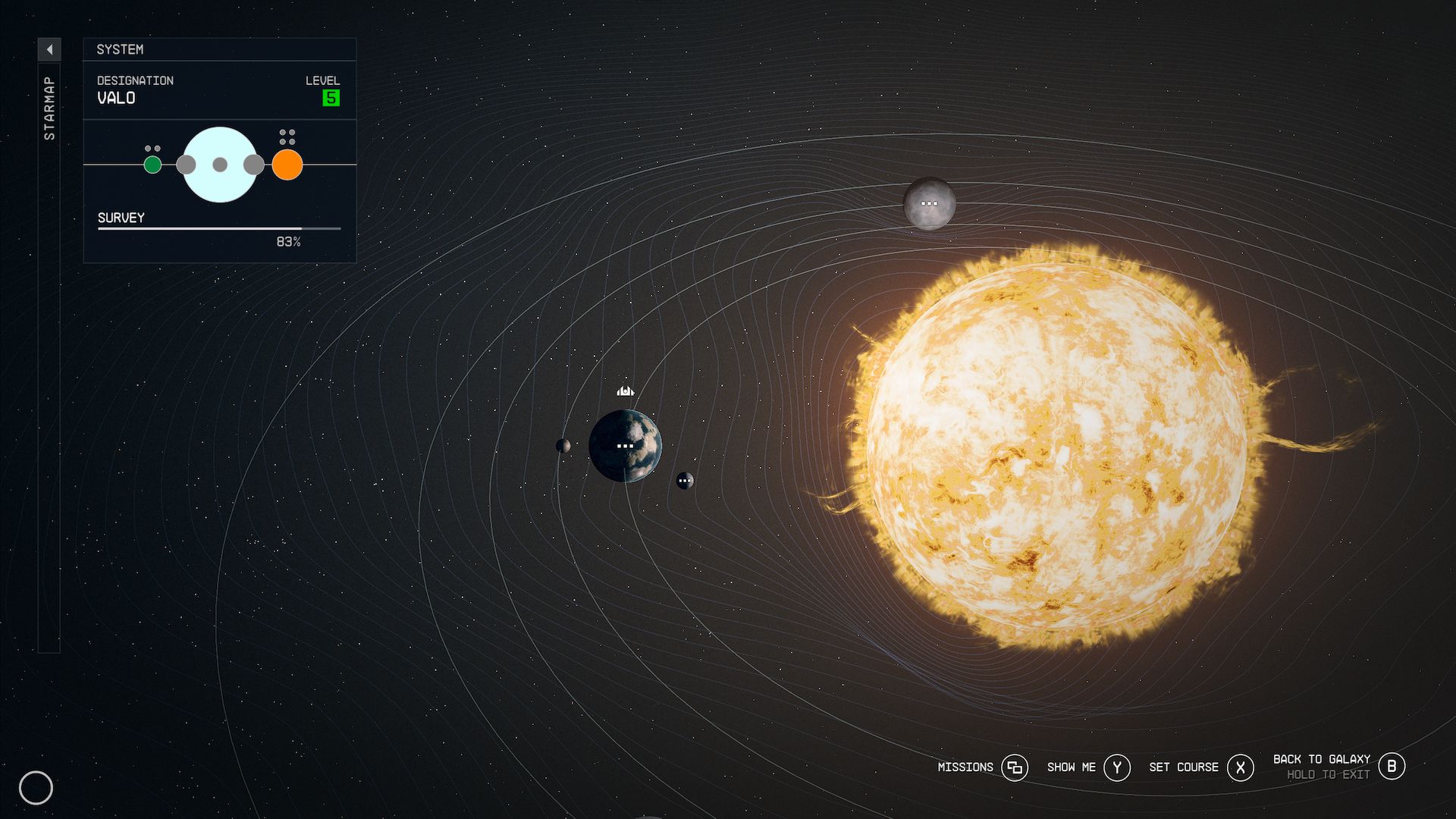 A map of the Valo System in Starfield, showing planets rotating around a sun.