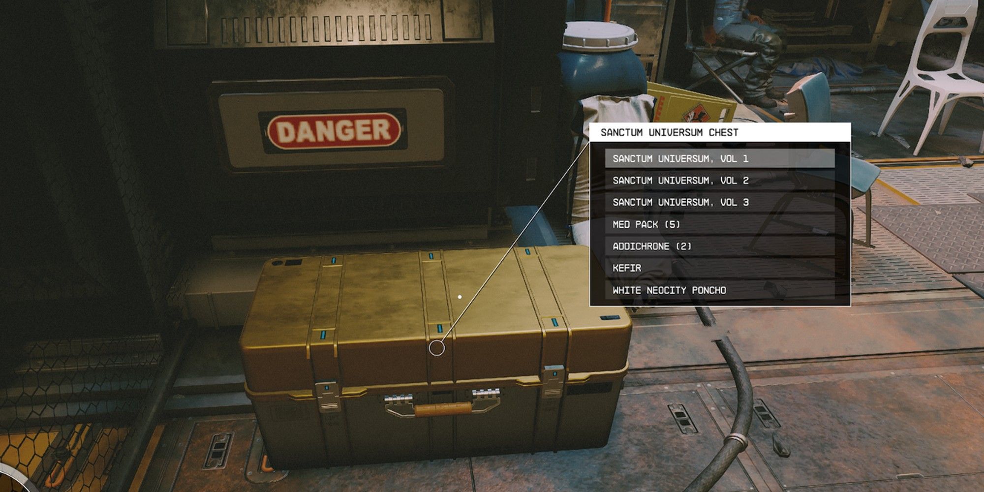 The treasure chest sits on the ground and the list of its contents are above it