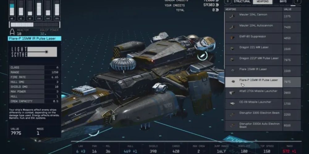 Starfield, Screenshot Of A Light Scythe Weapon Installed On A Ship
