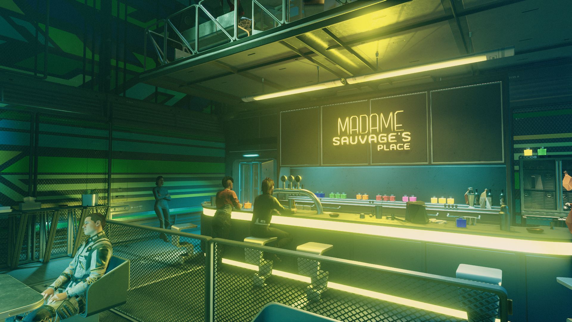 A brightly lit interior of Madame Sauvage's Place, a bar.