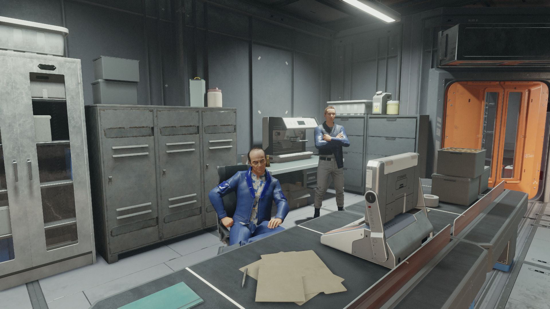 A businessman's office, with him sitting at a desk while a bodyguard stands and observes.