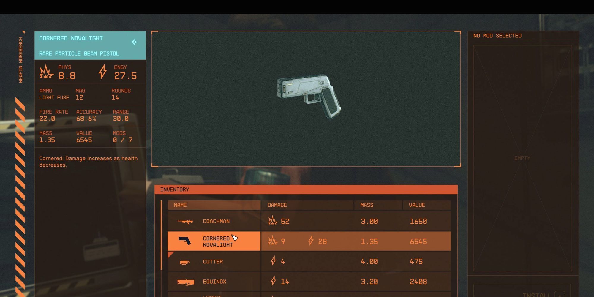 starfield novablast laser pistol in weapon workbench menu