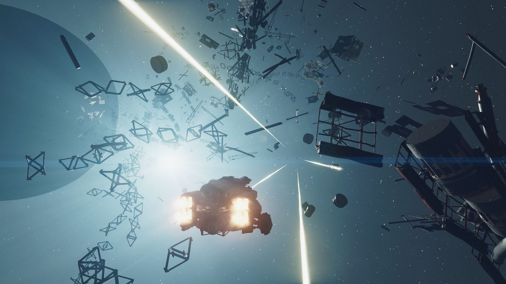 A space ship speeding toward three outlaw ships as they fire lasers.