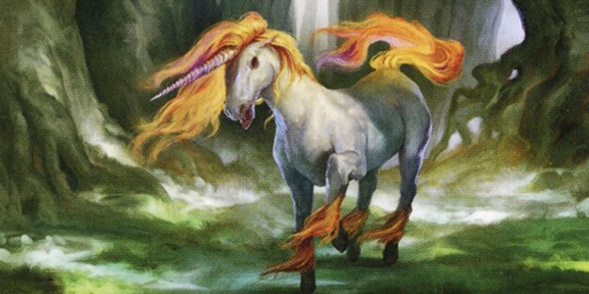 A unicorn with an orange flame-like mane.