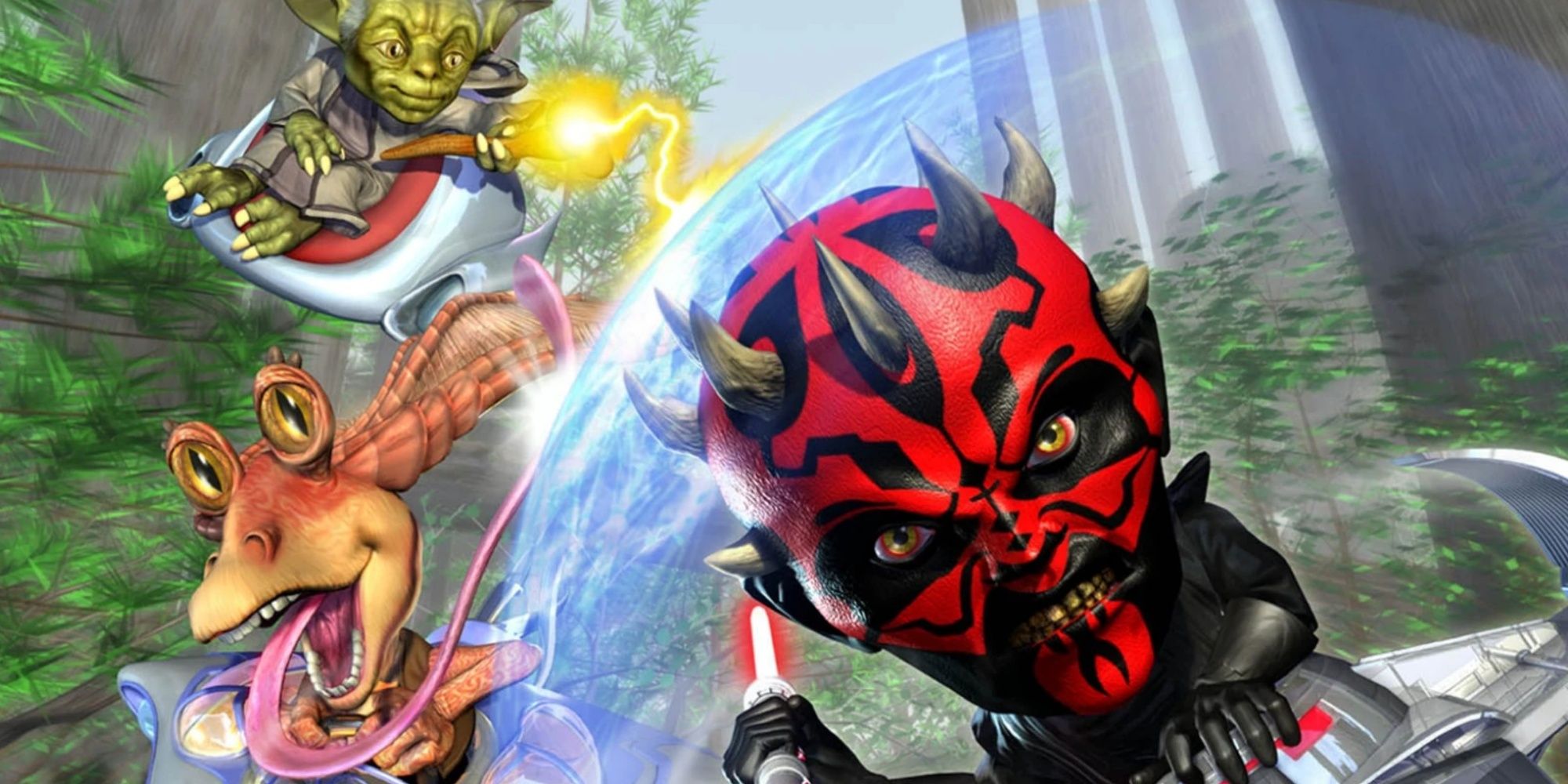 Star Wars Super Bombad Racing art featuring stylised versions of Darth Maul, Jar Jar Binks and Yoda