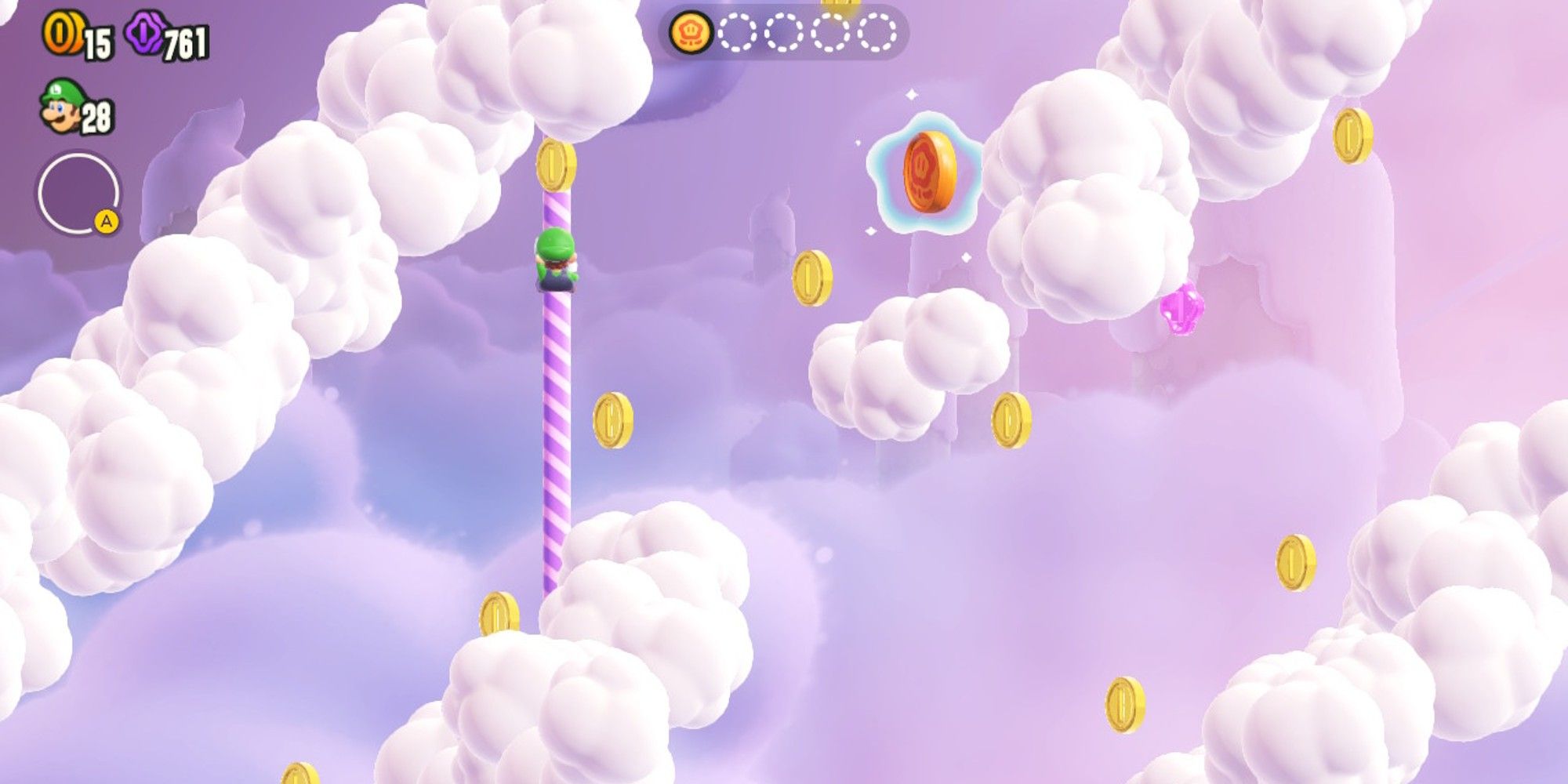 Luigi climbing a pole in the clouds surrounded by coins. 
