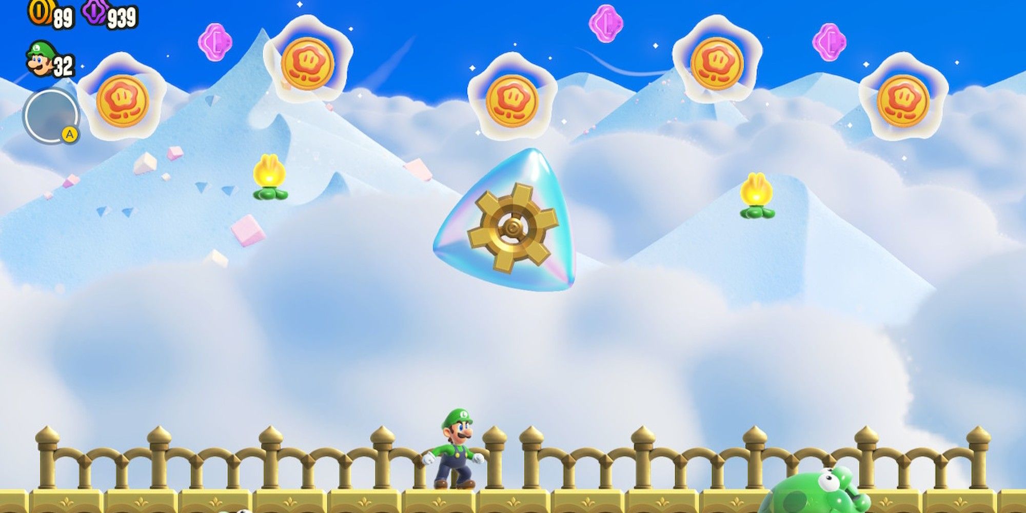 Luigi standing underneath floating wonder tokens in the sky. 