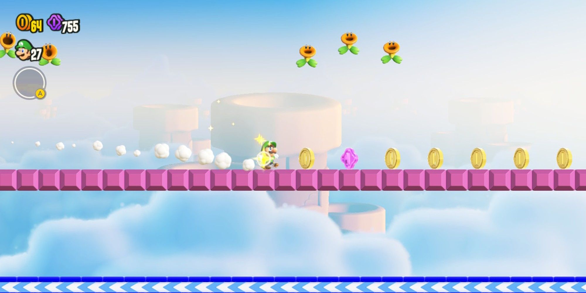 Luigi running across purple blocks.
