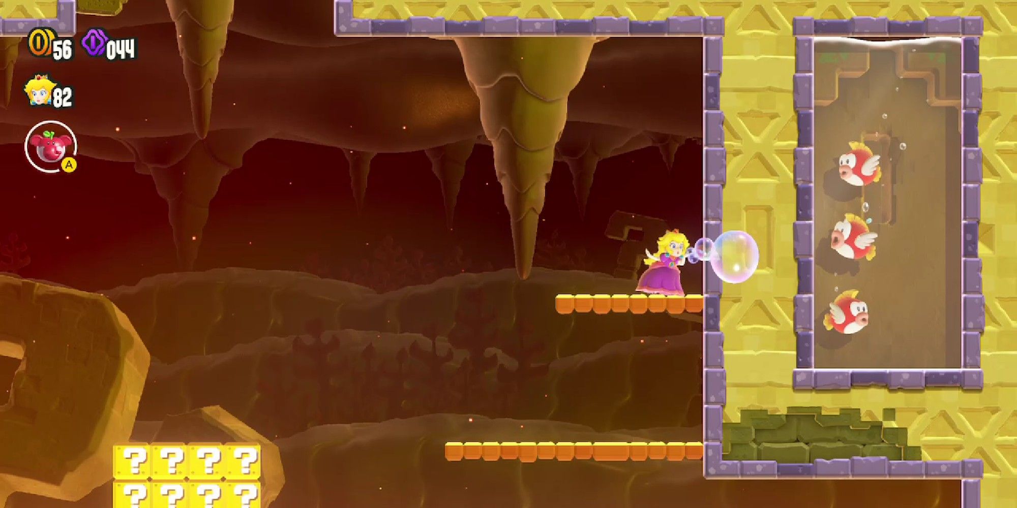 Super Mario Wonder Peach with Bubble power using them for reaching out of reach enemies