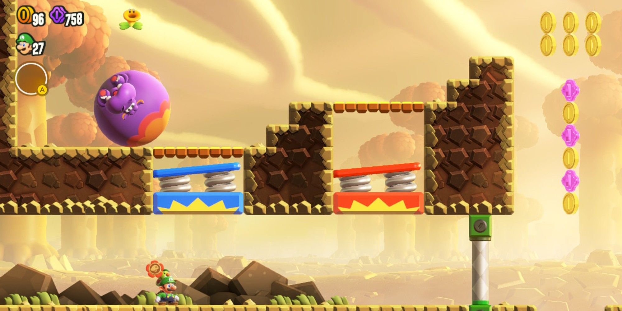 Luigi hitting springs underneath a Hoppo.