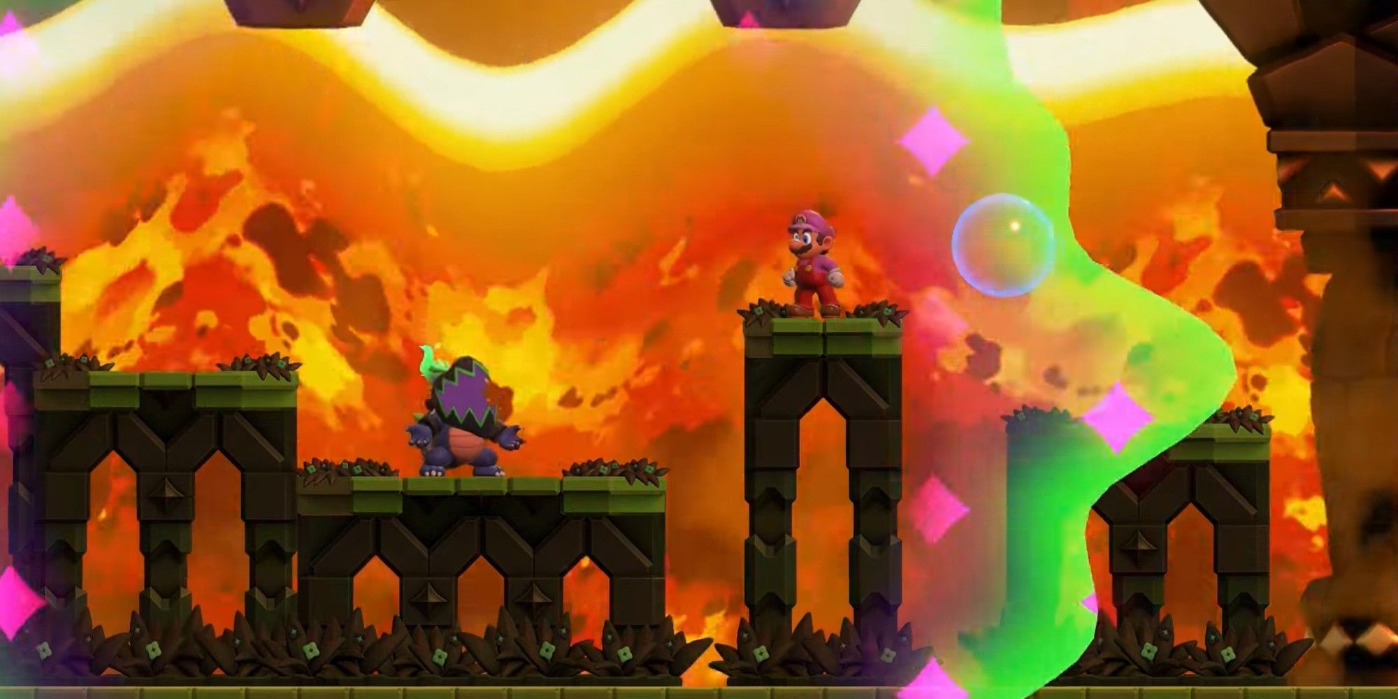 Super Mario Wonder showing Mario fighting Bowser Jr