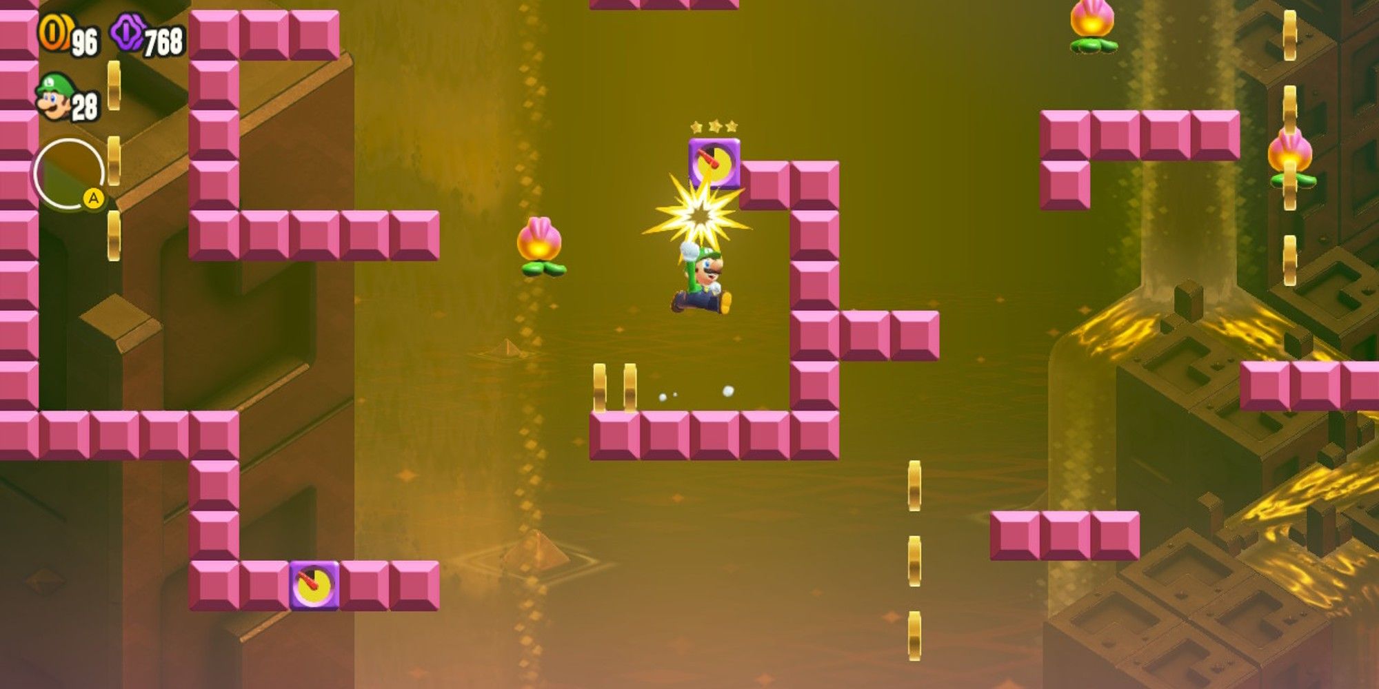 Luigi hitting timer switch in the middle of purple blocks. 