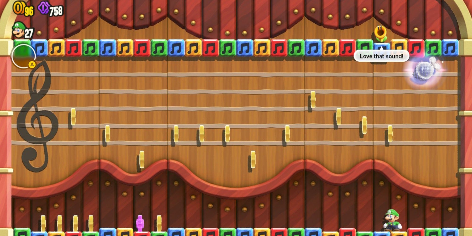 Coins on a musical stave inbetween music blocks with Luigi on them.