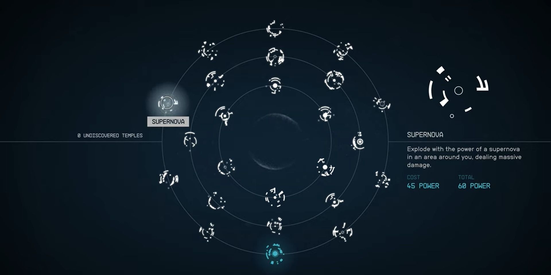 Menu view of Starfield's powers, highlighting Supernova