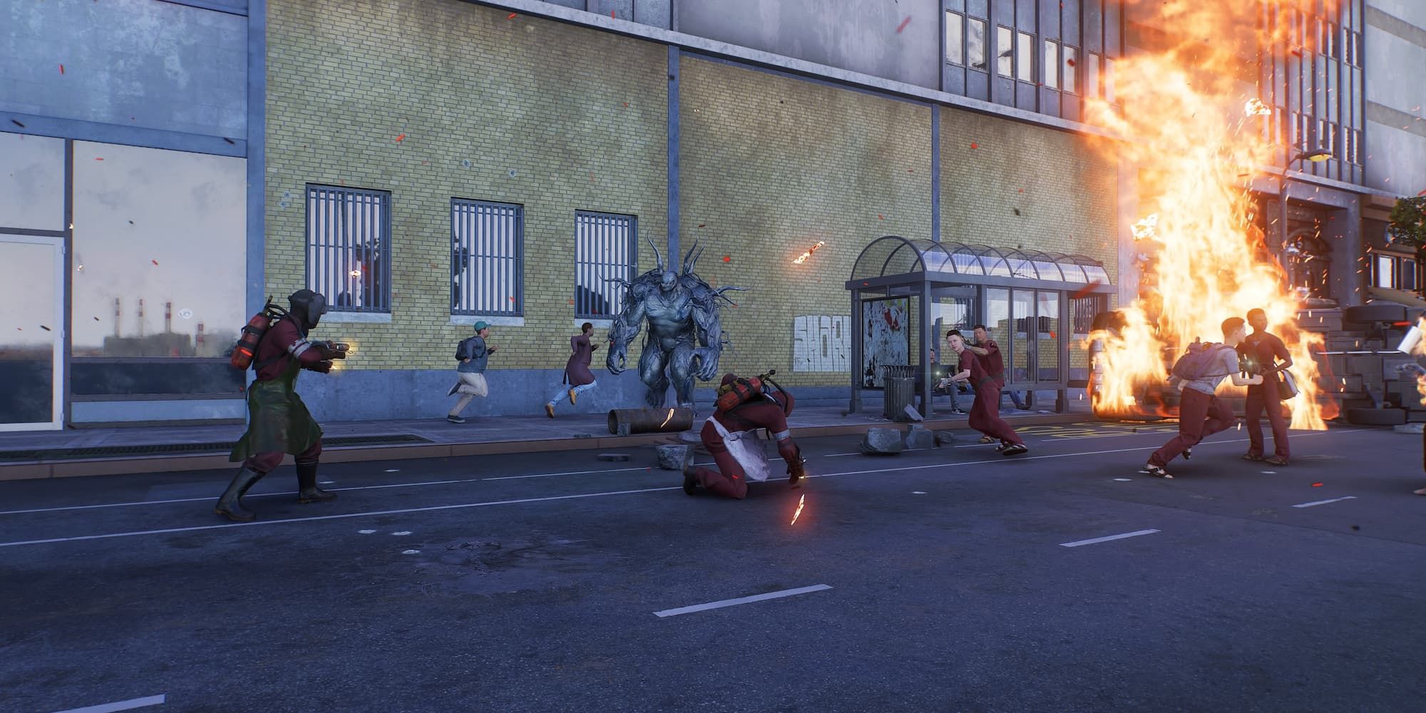A large symbiote enemy approaches several cultists as a car is engulfed in flames near them in Spider-Man 2.