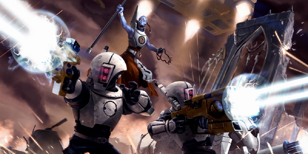 tau empire pathfinders firing in battle with an ethereal behind them