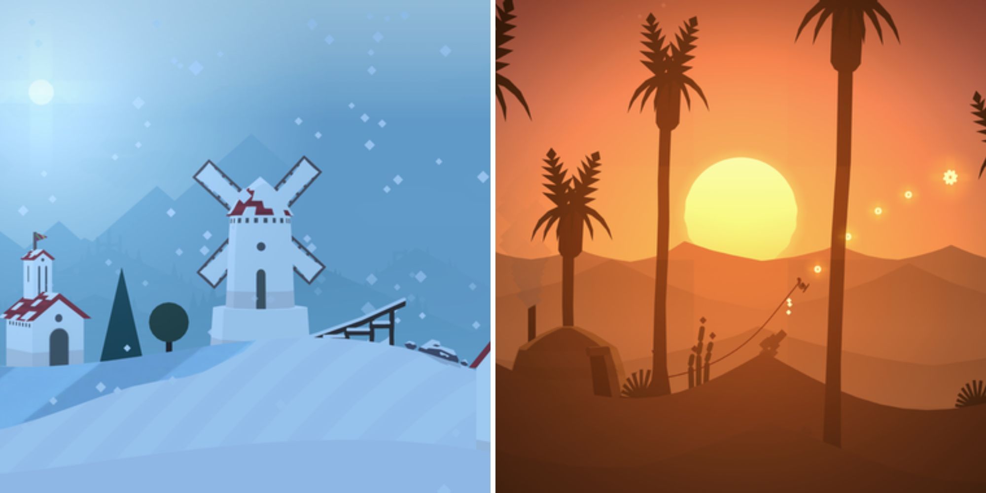 A split image of a white and snowy landscape with red-roofed buildings, and a scorching desert with a bright yellow sun.
