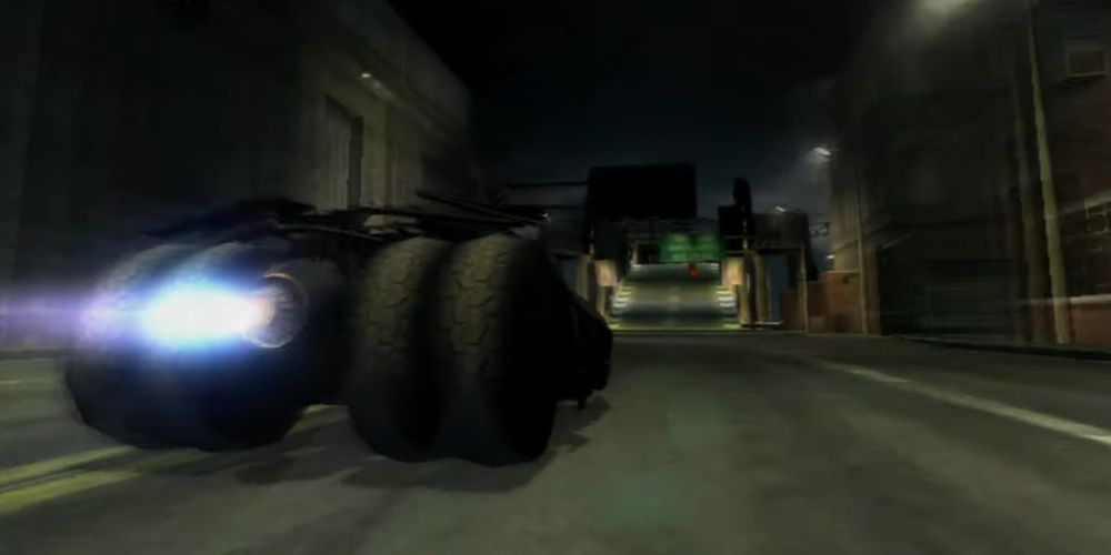 The Batmobile jumps a bridge in Batman Begins