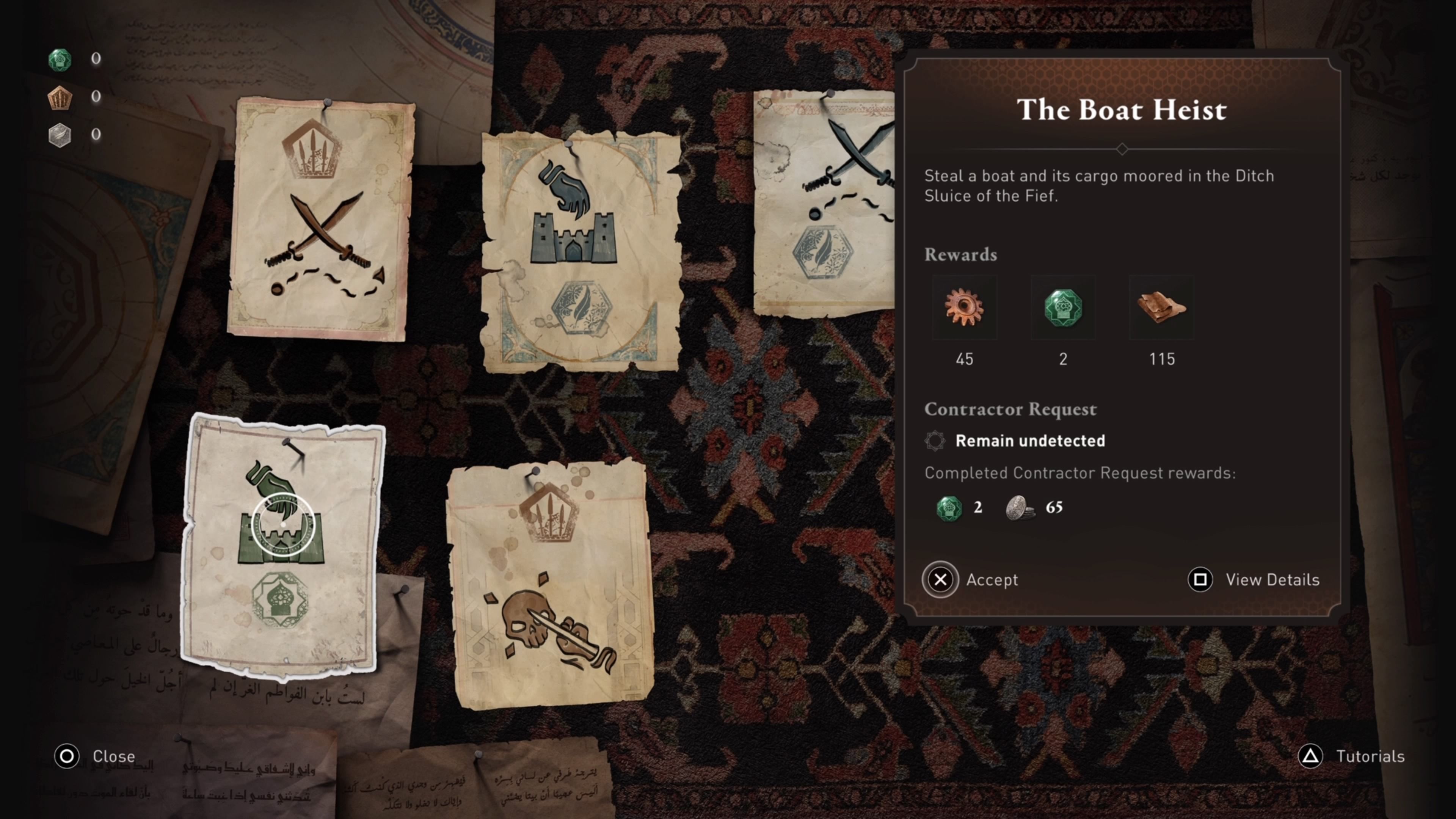 Selecting the Boat Heist Contract in Assassin's Creed Mirage from contract board