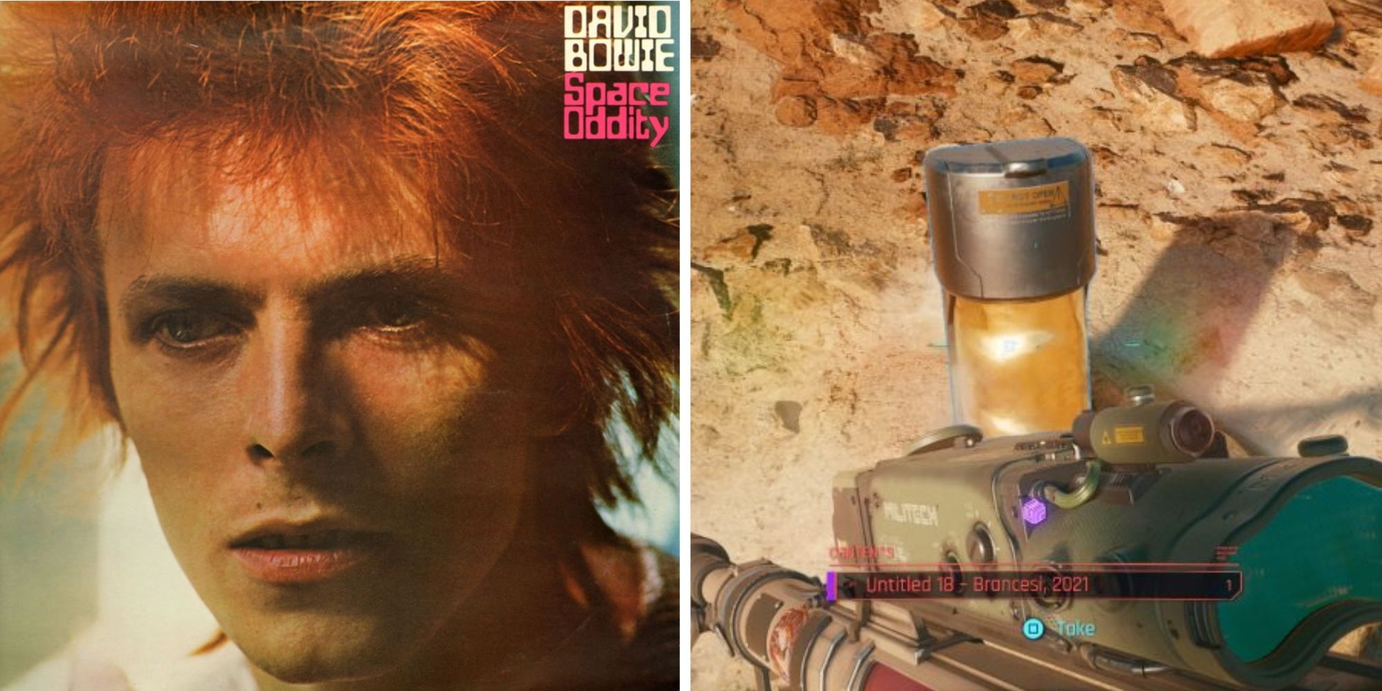 The capsule from the Space Oddity quest with album art for the song of the same name