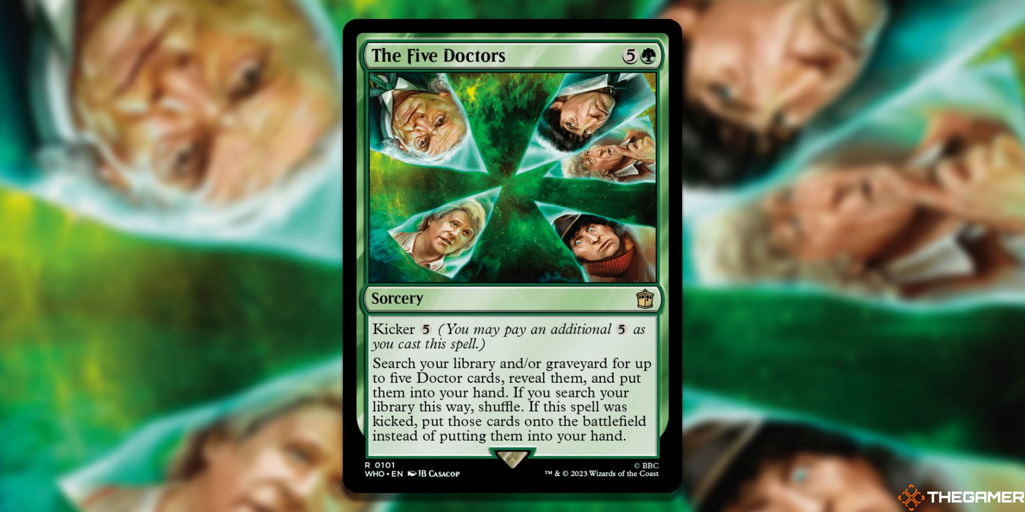 Image of the The Five Doctors card in Magic: The Gathering, with art by JB Casacop