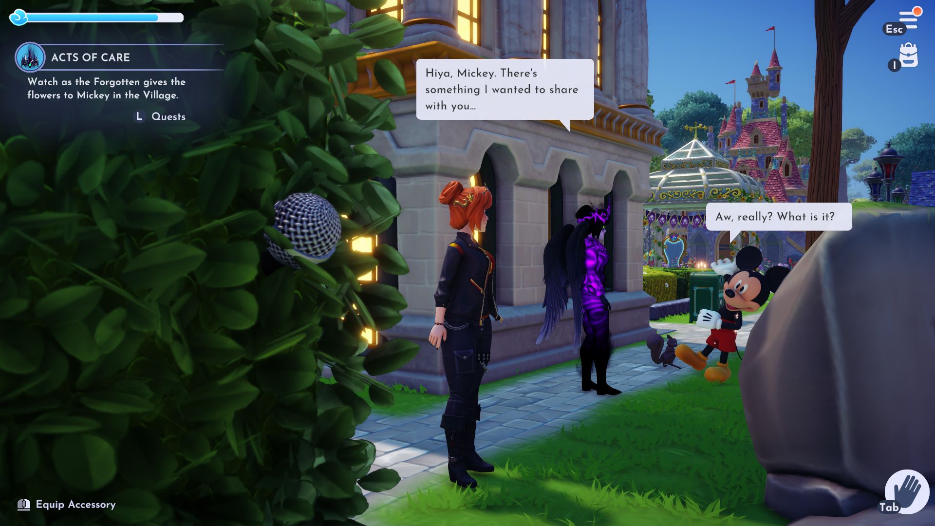 The Forgotten giving flowers to Mickey in Disney Dreamlight Valley