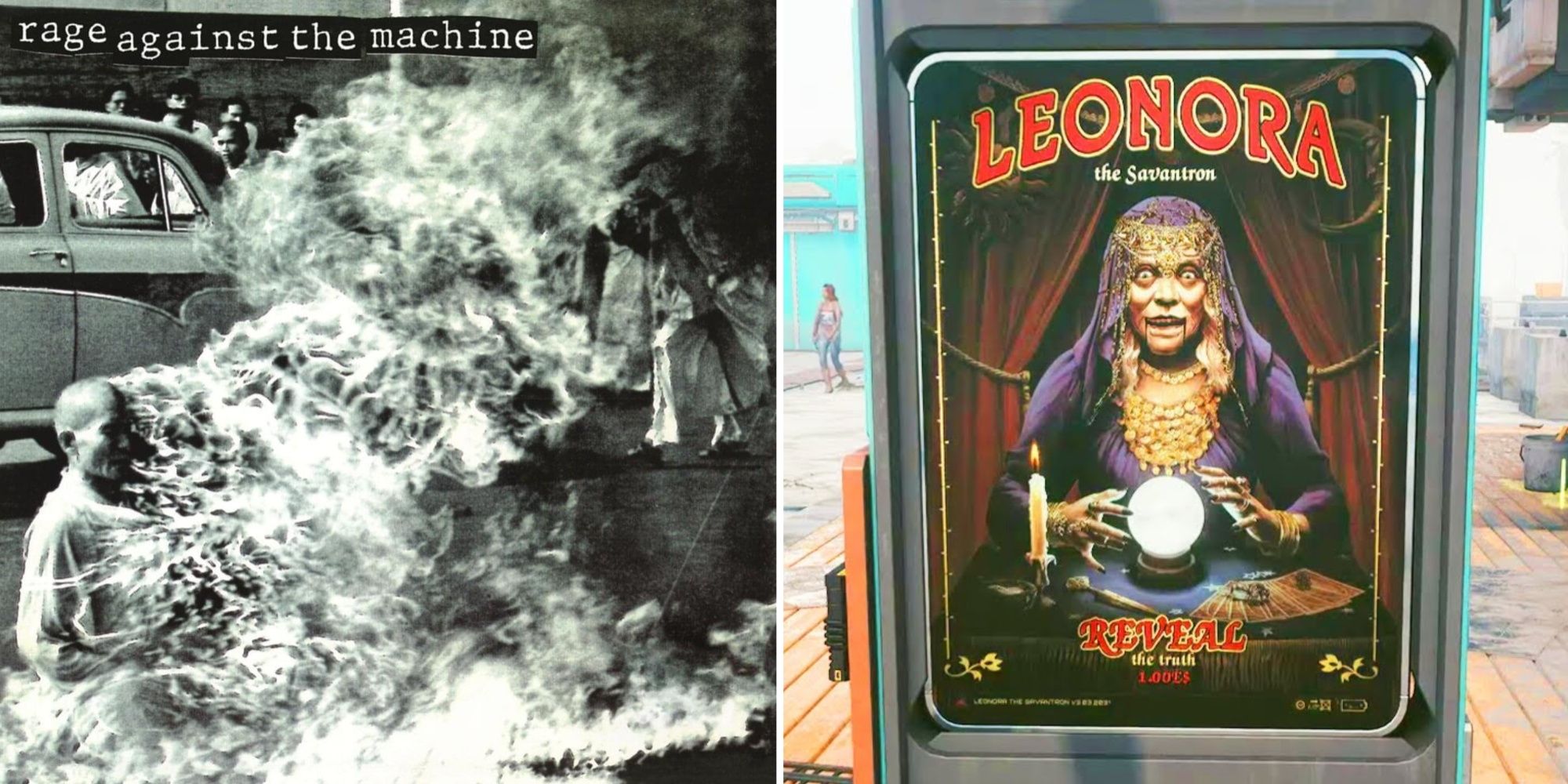 The fortune-telling machine from the Killing In The Name quest with album art for the song of the same name