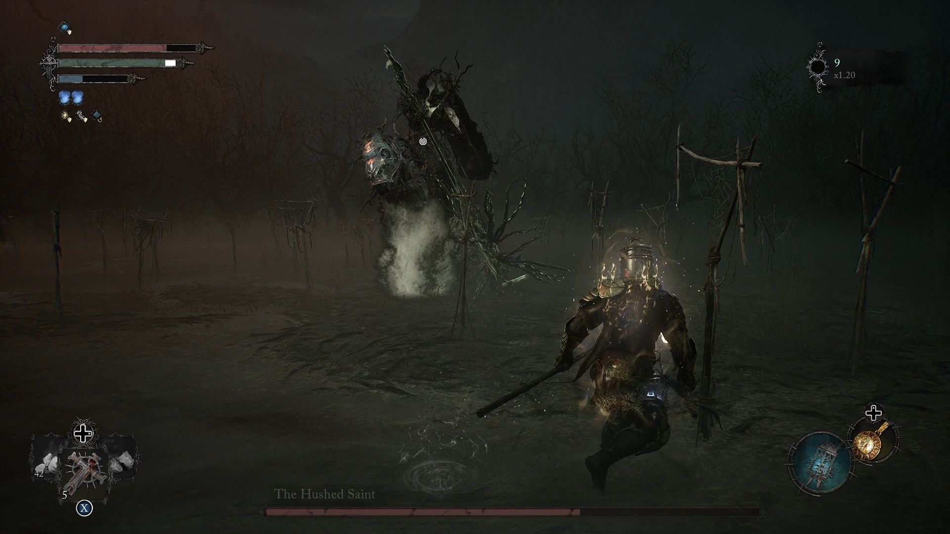 The Hushed Saint is about to swing his halberd while he is mounted Lords of the Fallen