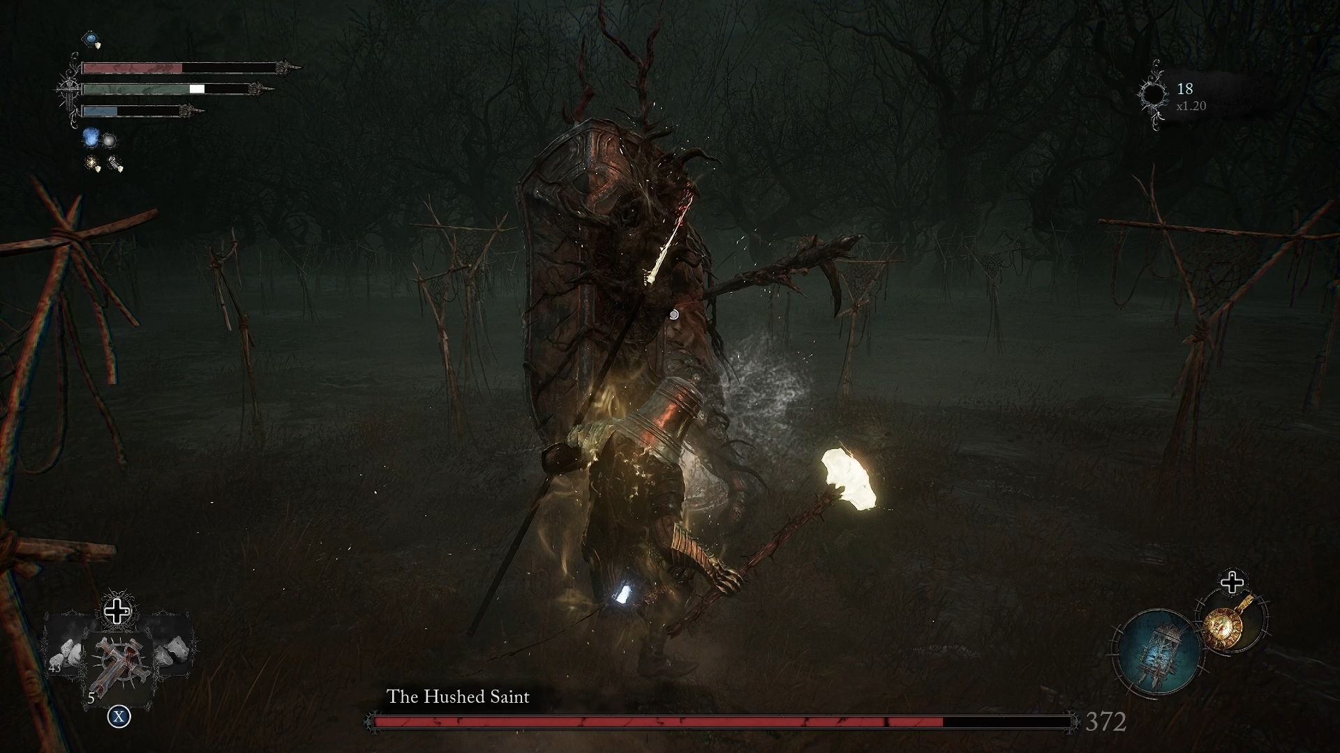 The Hushed Saint is using his shield to block the player attack Lords of the Fallen