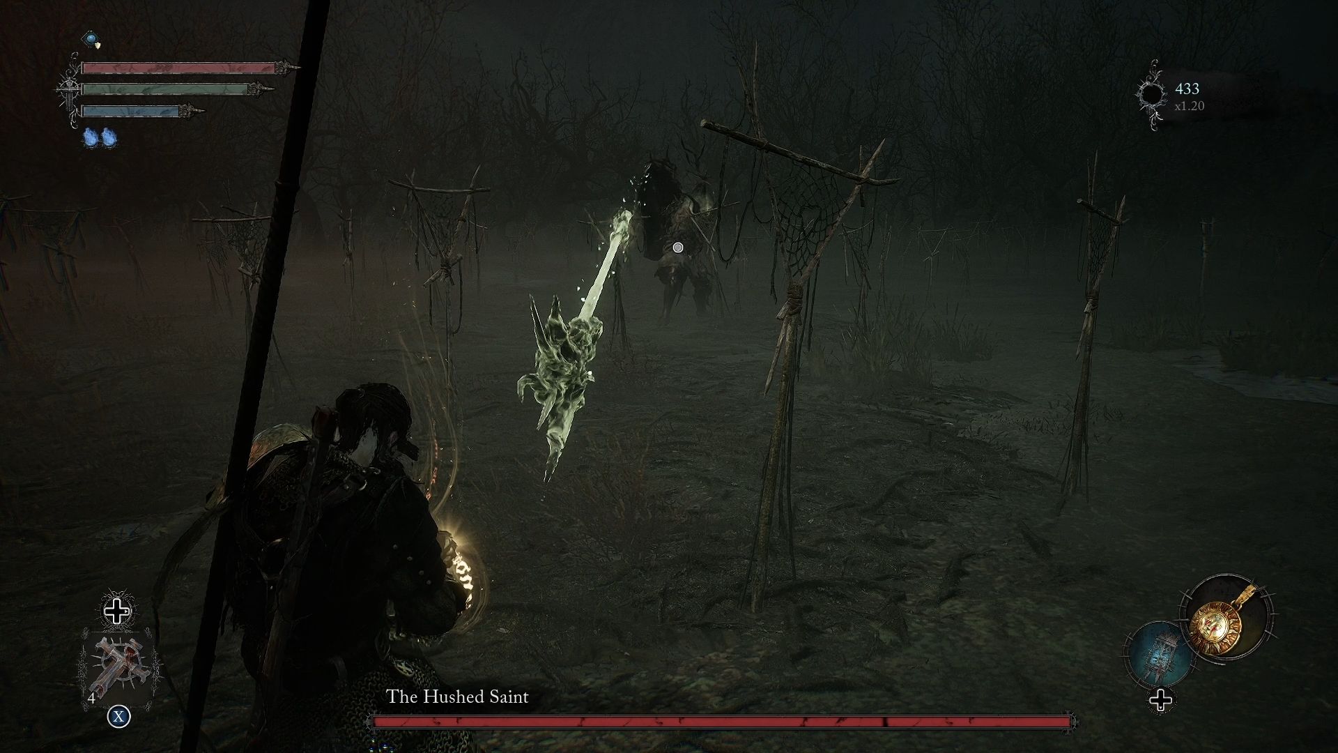 The Hushed Saint on the ground throwing his weapon at the player Lords of the Fallen