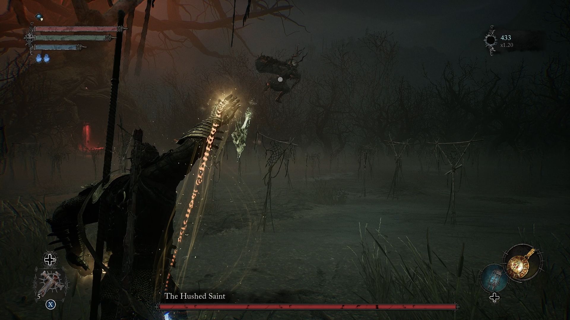 The Hushed Saint jump out from his horse and throw his weapon at the player Lords of the Fallen