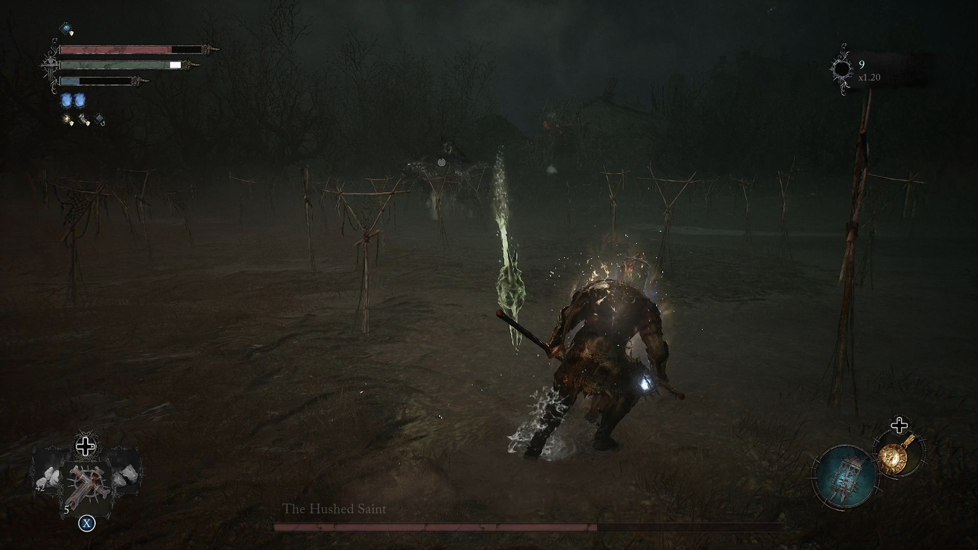 The Hushed Saint throwing his weapon at the player while he is mounted Lords of the Fallen