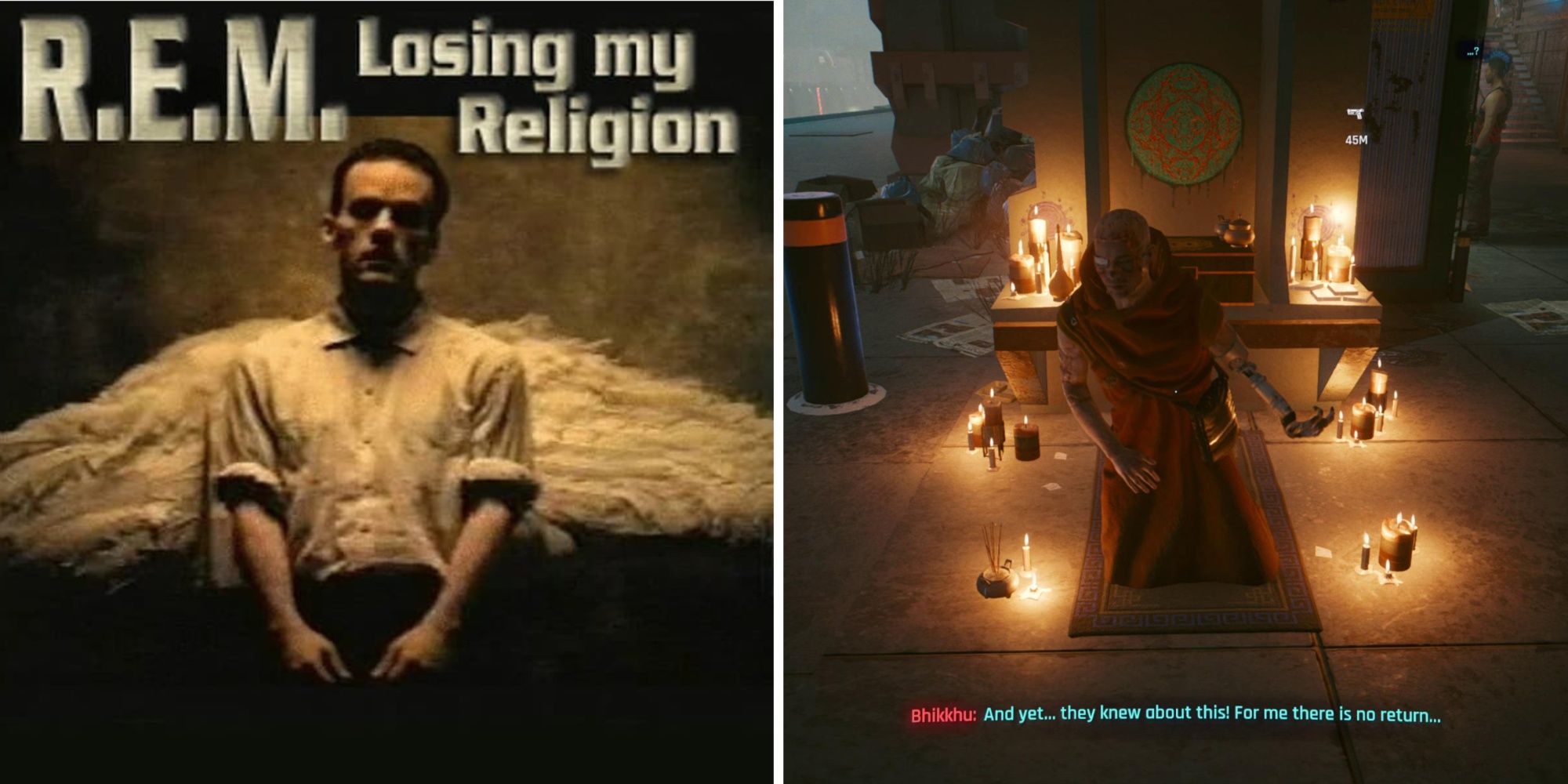 The monk from the Losing My Religion quest and the album art for the song of the same name